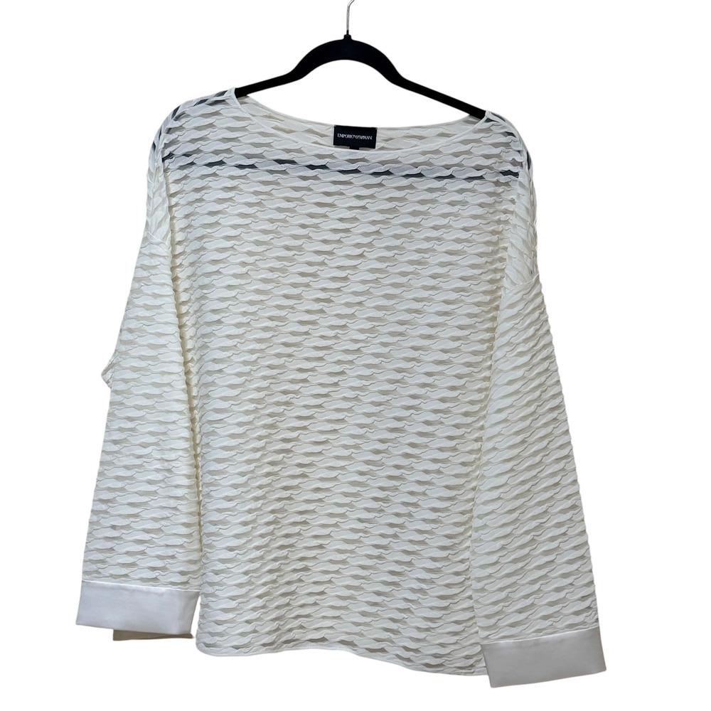 Emporio Armani Ivory White Textured 3D Ripple Sheer Blouse IT 42 US Medium Large